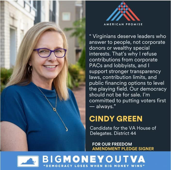 CindyGreen4VA is an amendment pledge signer for big money out of Virginia